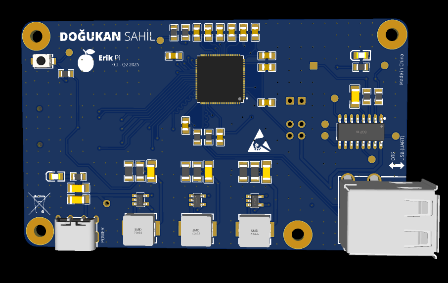 Erik Pi tek kart bilgisayar PCB tasarımının önden görünümü